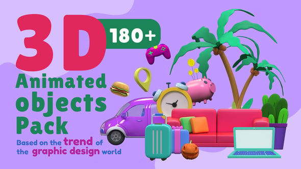 180组三维卡通图标动画AE模板 3D Animated Objects Pack