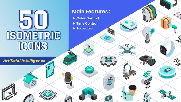 50组人工智能Ai技术图标动画AE模板 Isometric Icons Artificial Intelligence