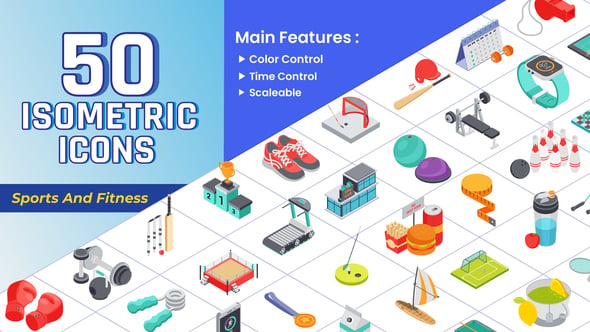 体育运动健身类别图形动画AE模板 Isometric Icons Sport Fitness