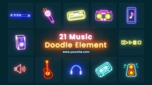 霓虹灯发光图标动画音乐元素21种AE模板 Top best Music Doodles Element Pack