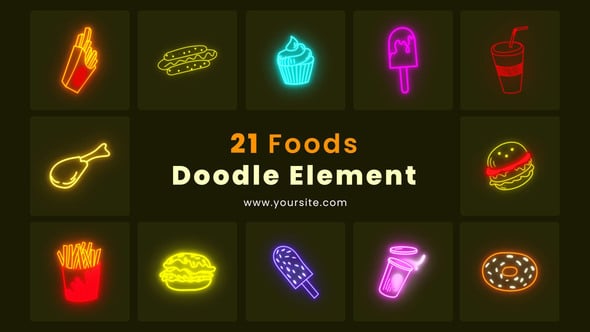 霓虹灯发光美味食品元素图标动画效果AE模板 Tasty Foods Doodle Element Pack