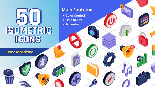 50个等距用户界面3D图标动画Icons AE模板 Isometric Icons User Interface