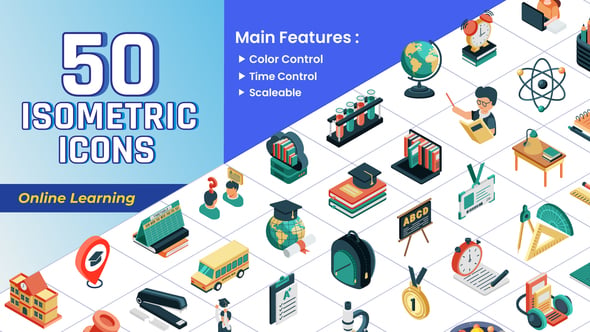 在线学习教学类型图标动画AE模板 Isometric Icons Online Learning