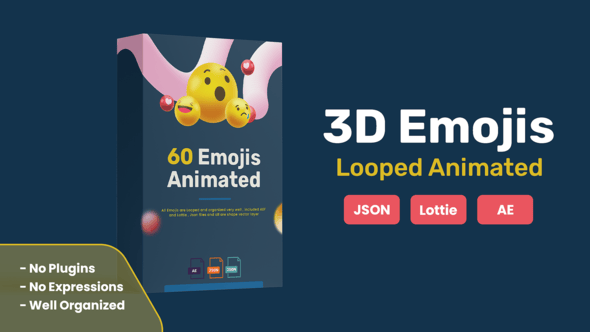 彩色循环动画3D表情符号社交媒体网络动态图标AE模板 3D Animated Emojis with Looping animations , Json and Lottie files included