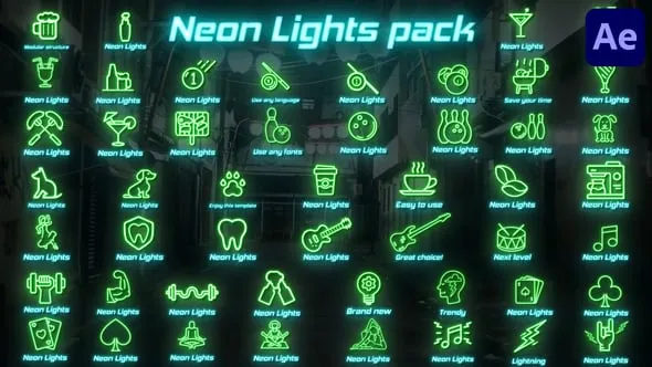 霓虹灯风格闪烁图标动画大包AE模板 Neon Lights Big Pack for After Effects