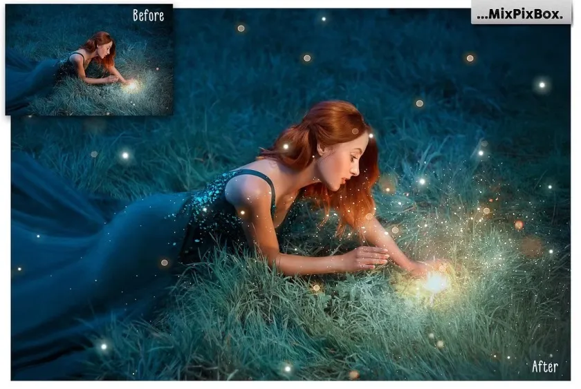 20张浪漫唯美泛光微光光斑金色萤火虫粒子光效后期合成素材 Golden Fireflies Photo Overlays