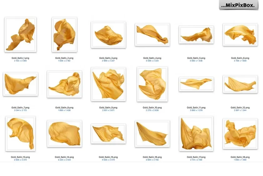 44款影楼婚纱大片金色丝绸裙摆拖尾婚纱飘纱PNG合成素材 Gold Satin Photo Overlays
