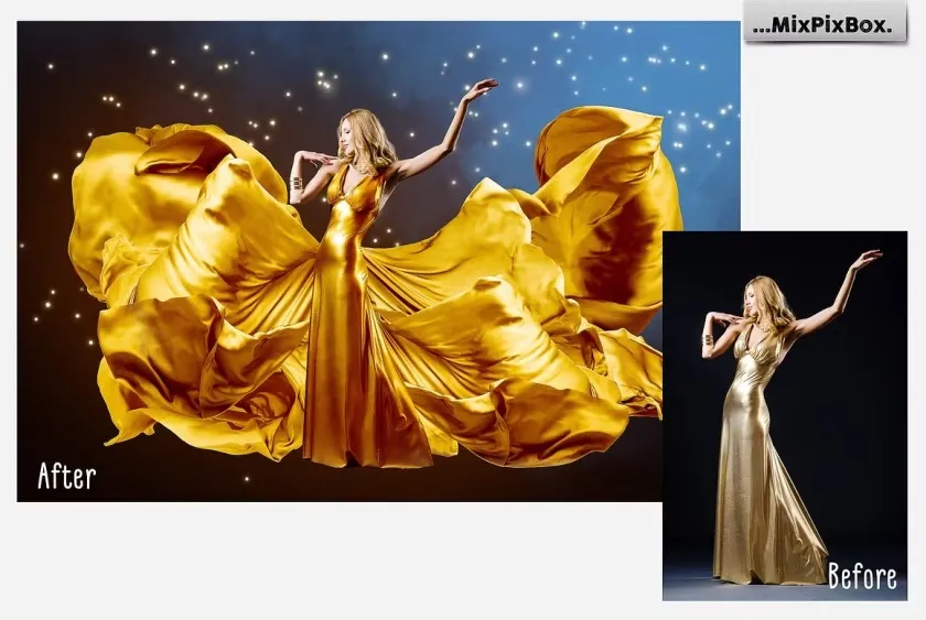 44款影楼婚纱大片金色丝绸裙摆拖尾婚纱飘纱PNG合成素材 Gold Satin Photo Overlays