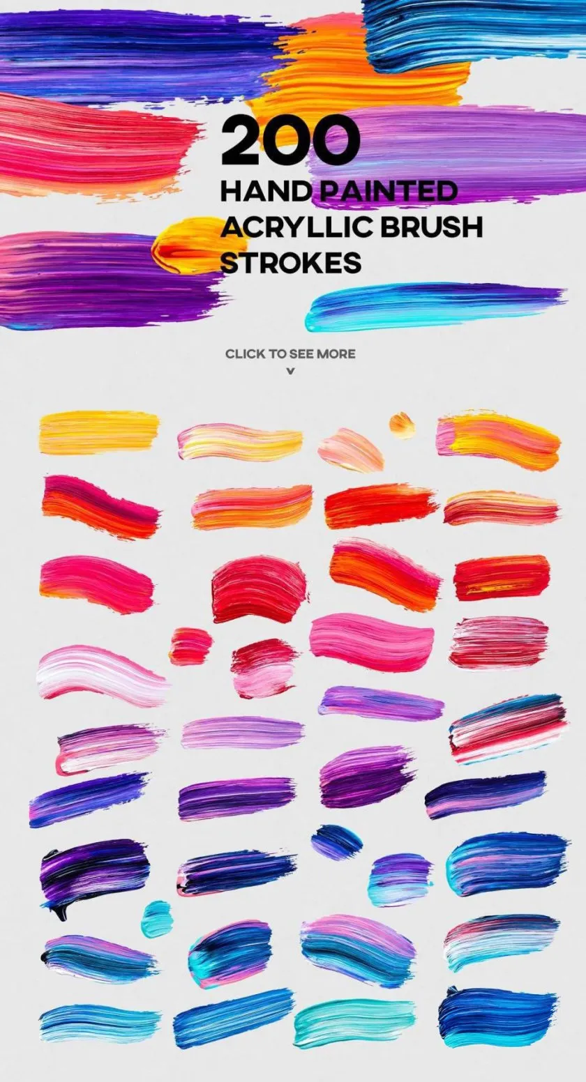 200张炫彩渐变色手绘丙烯酸毛刷绘画笔触效果PNG图片素材 Vivid Brush Strokes