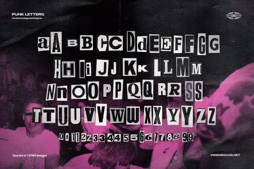 72张复古赛博朋克风黑白字母数字剪贴画PNG素材 Indieground – Punk Letters